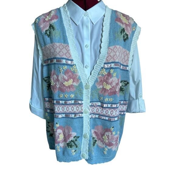 Vintage Jantzen Classics Size Large Cotton Floral Hand Embroidered‎ Sweater Vest - Picture 1 of 8